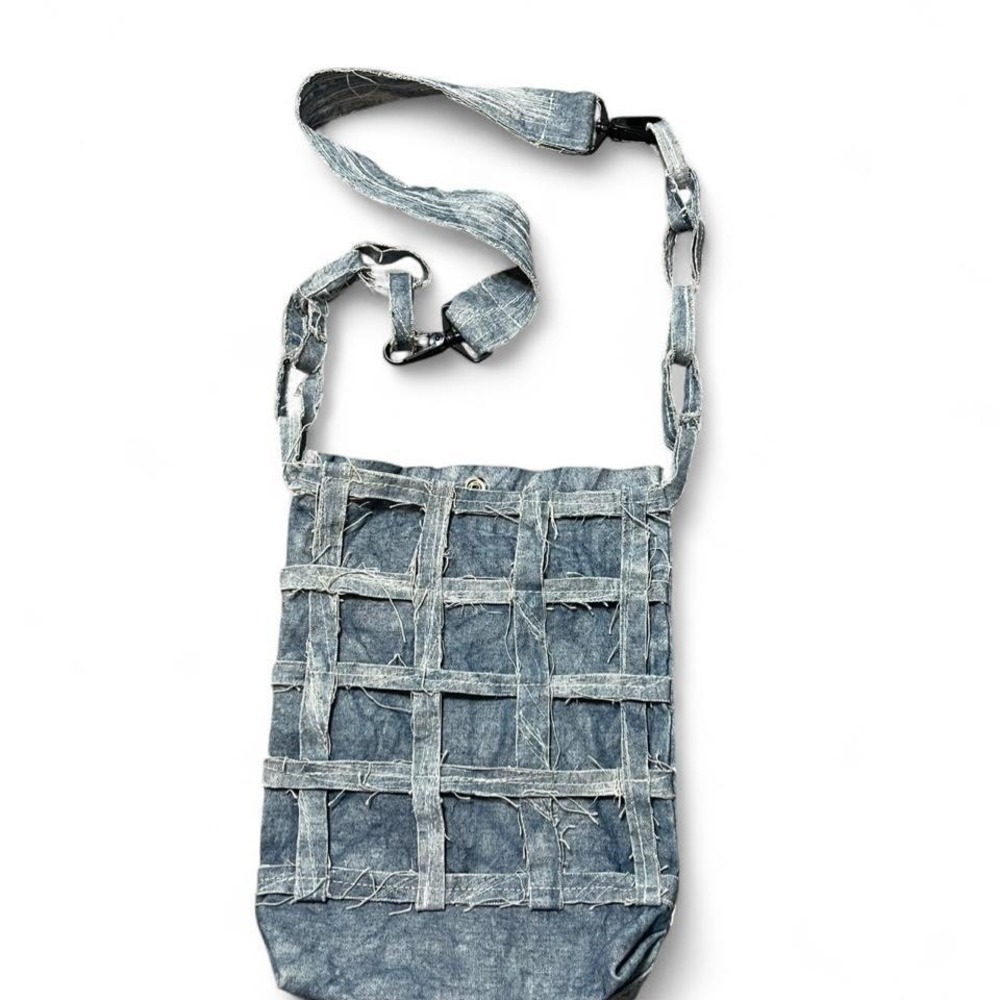 custom handmade denim bag with adjustable chain strap and button closure